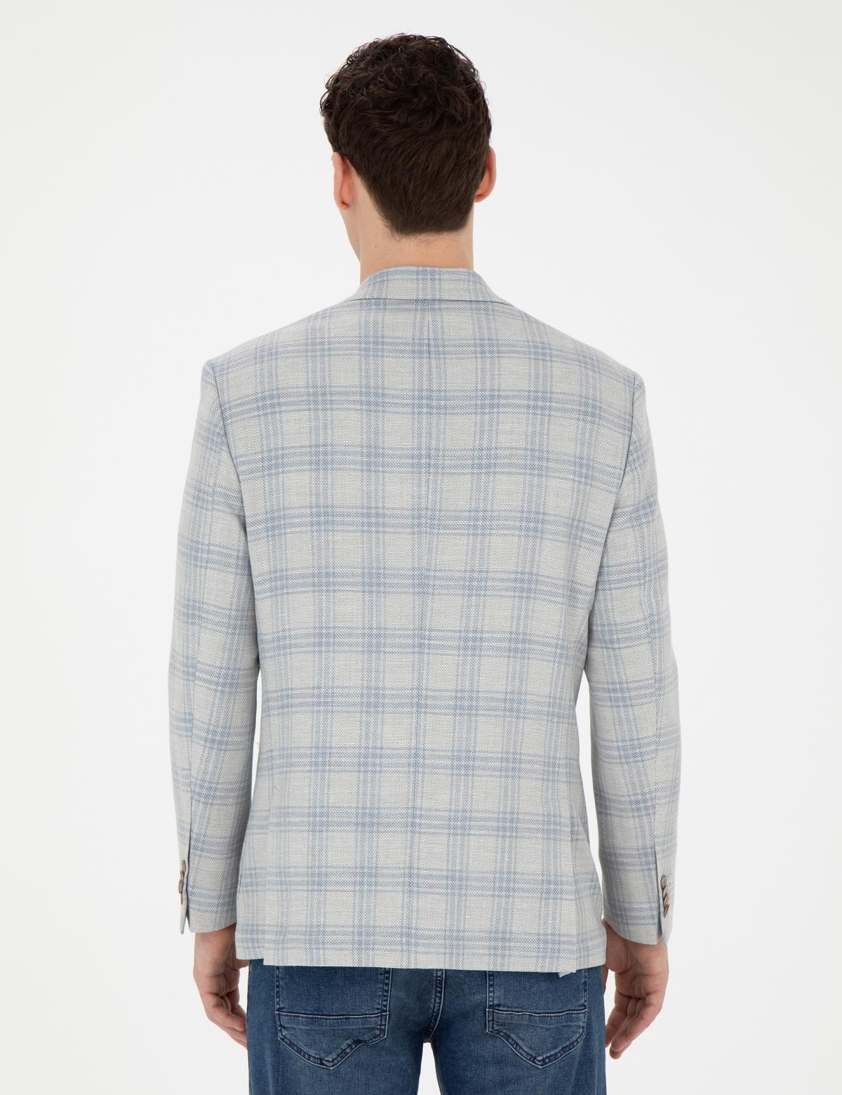 Açık Mavi Slim Fit Keten Karışımlı Ekose Ceket - 50284961023