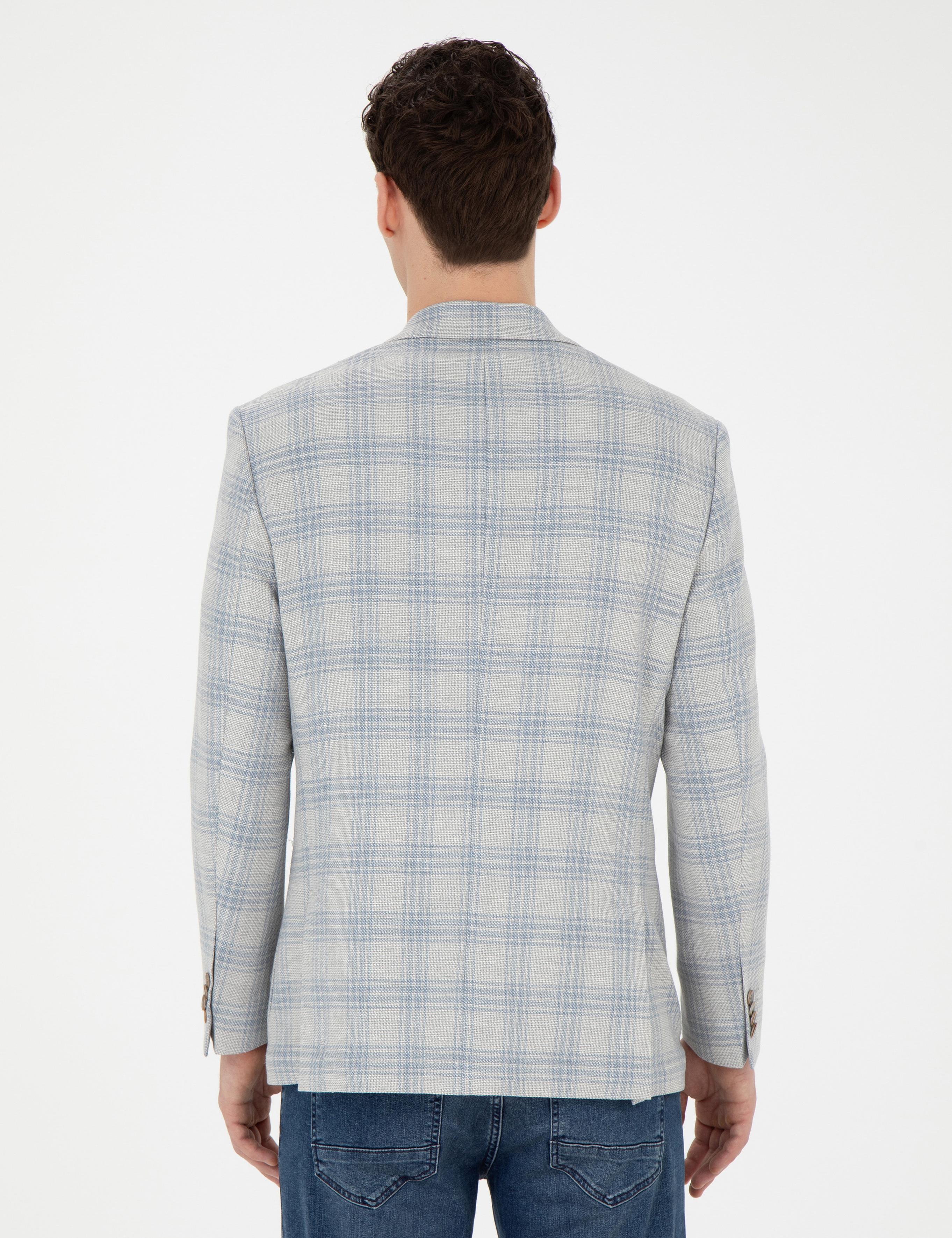 Açık Mavi Slim Fit Keten Karışımlı Ekose Ceket