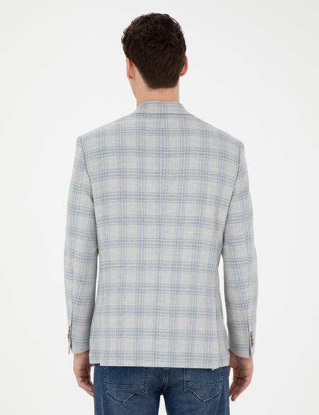 Açık Mavi Slim Fit Keten Karışımlı Ekose Ceket - 50284961023