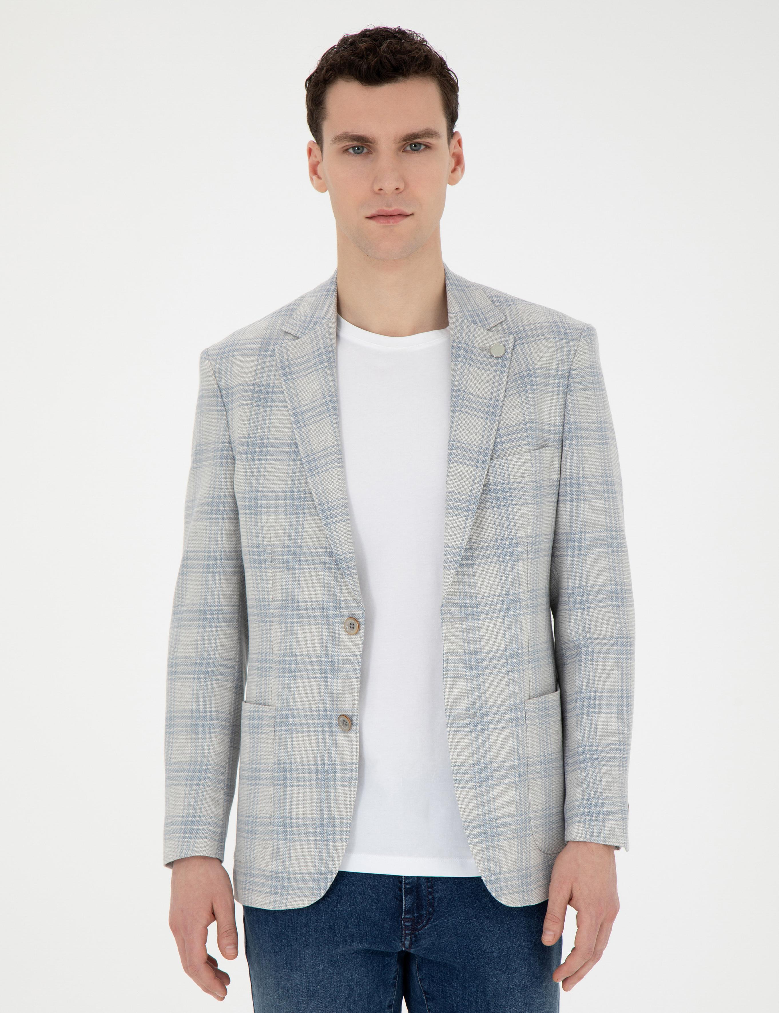 Açık Mavi Slim Fit Keten Karışımlı Ekose Ceket