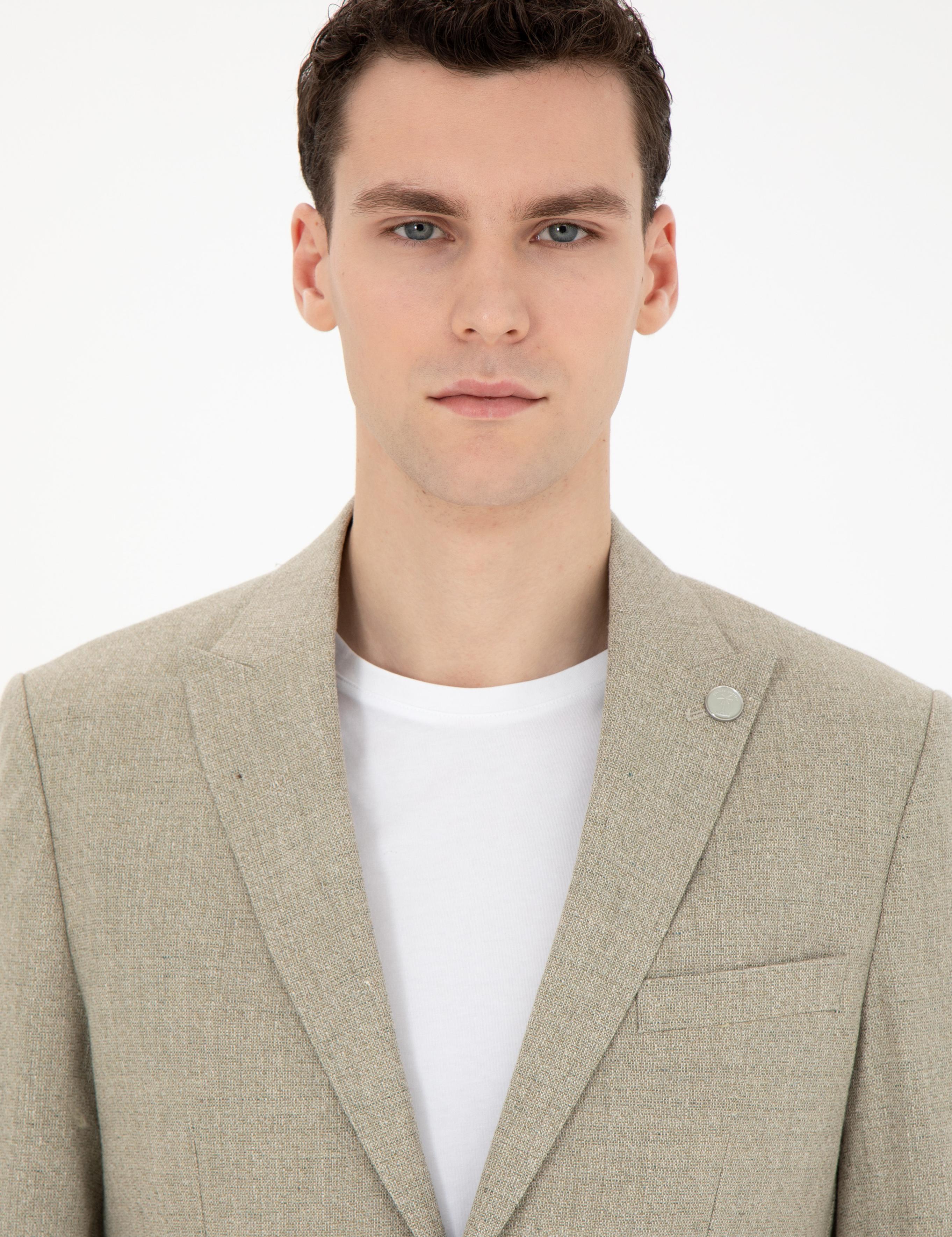 Açık Yeşil Slim Fit Keten Karışımlı Ceket