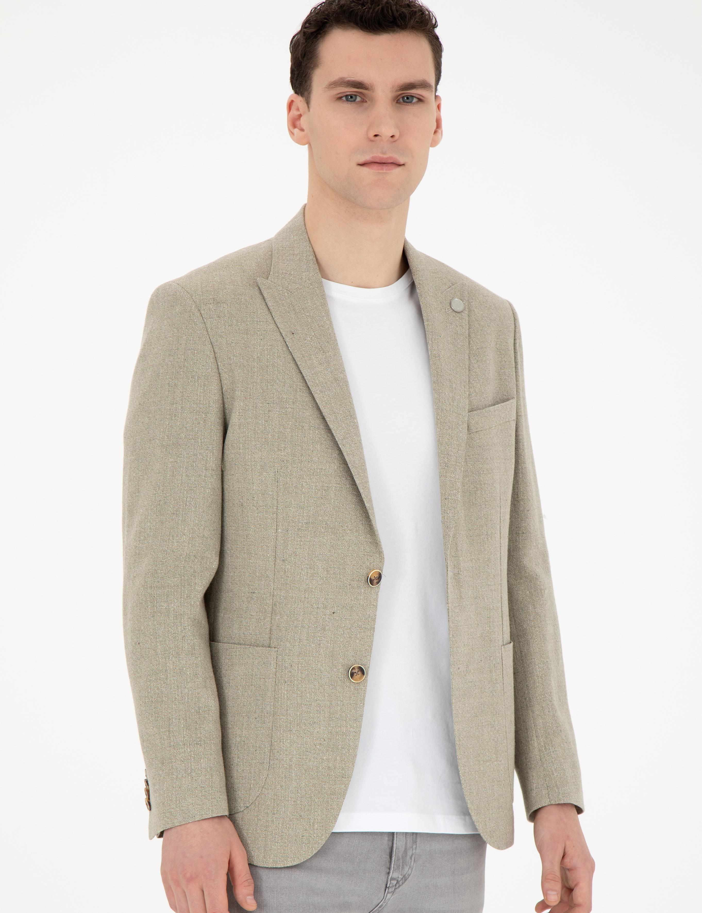 Açık Yeşil Slim Fit Keten Karışımlı Ceket