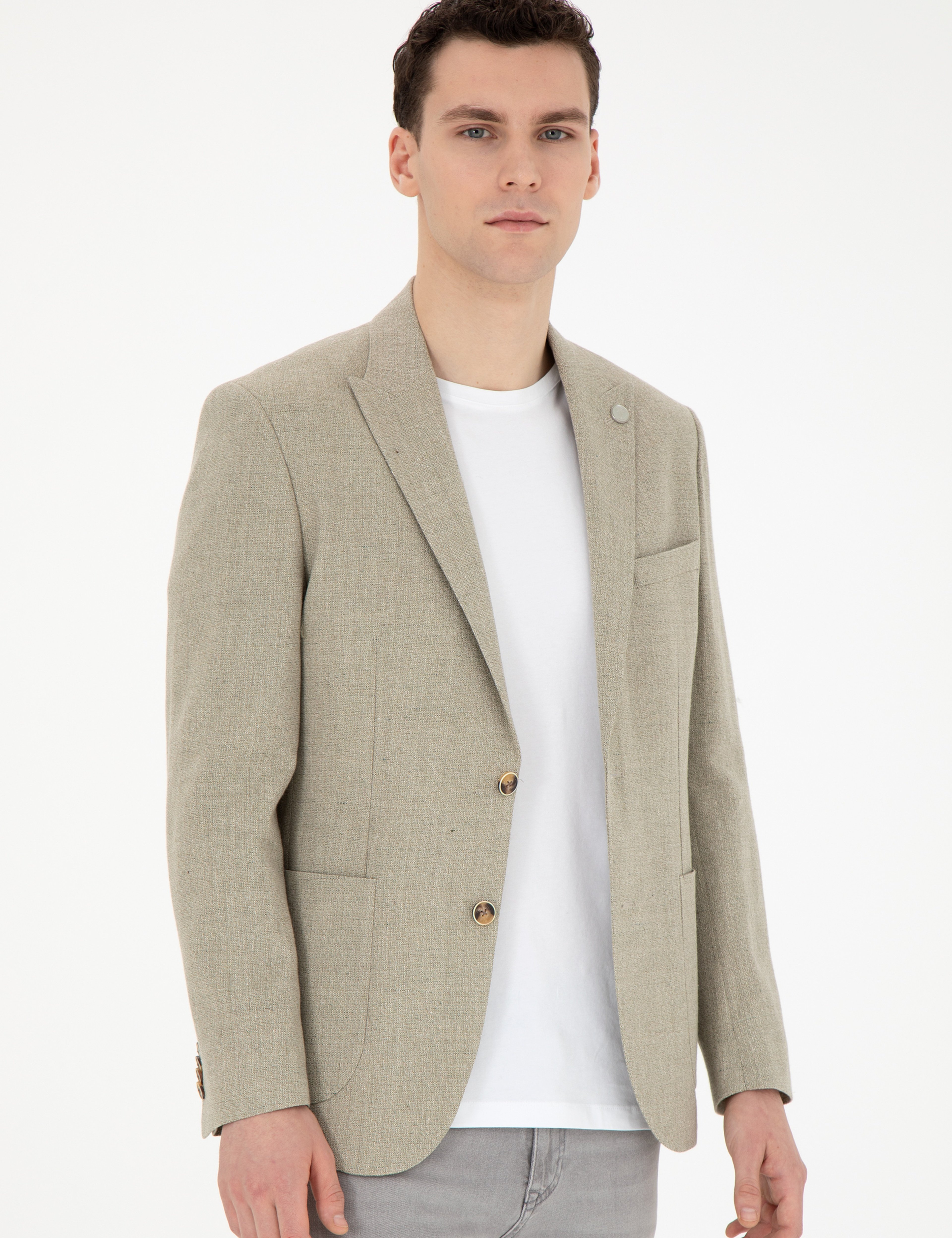 Açık Yeşil Slim Fit Keten Karışımlı Ceket - Image 3