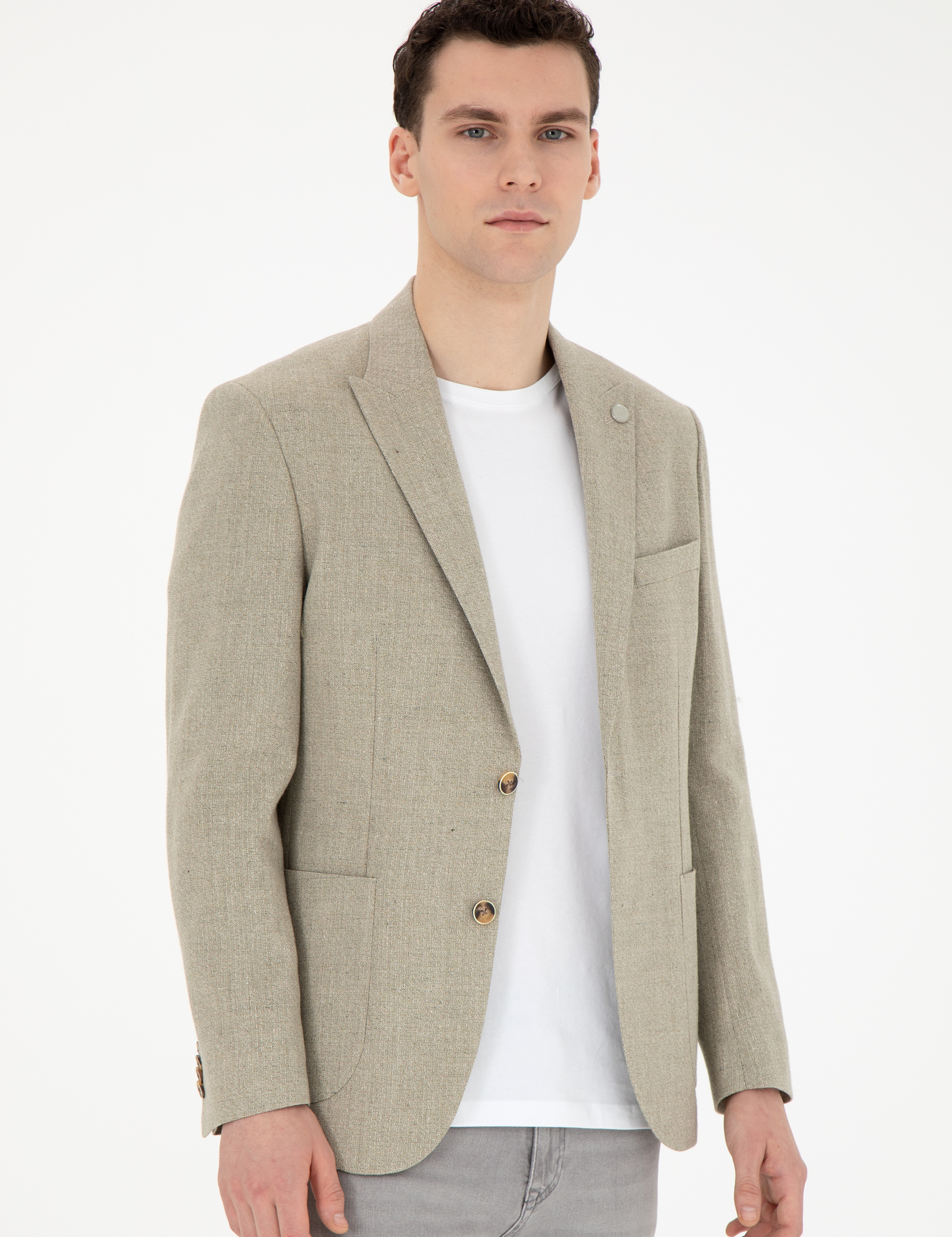 Açık Yeşil Slim Fit Keten Karışımlı Ceket