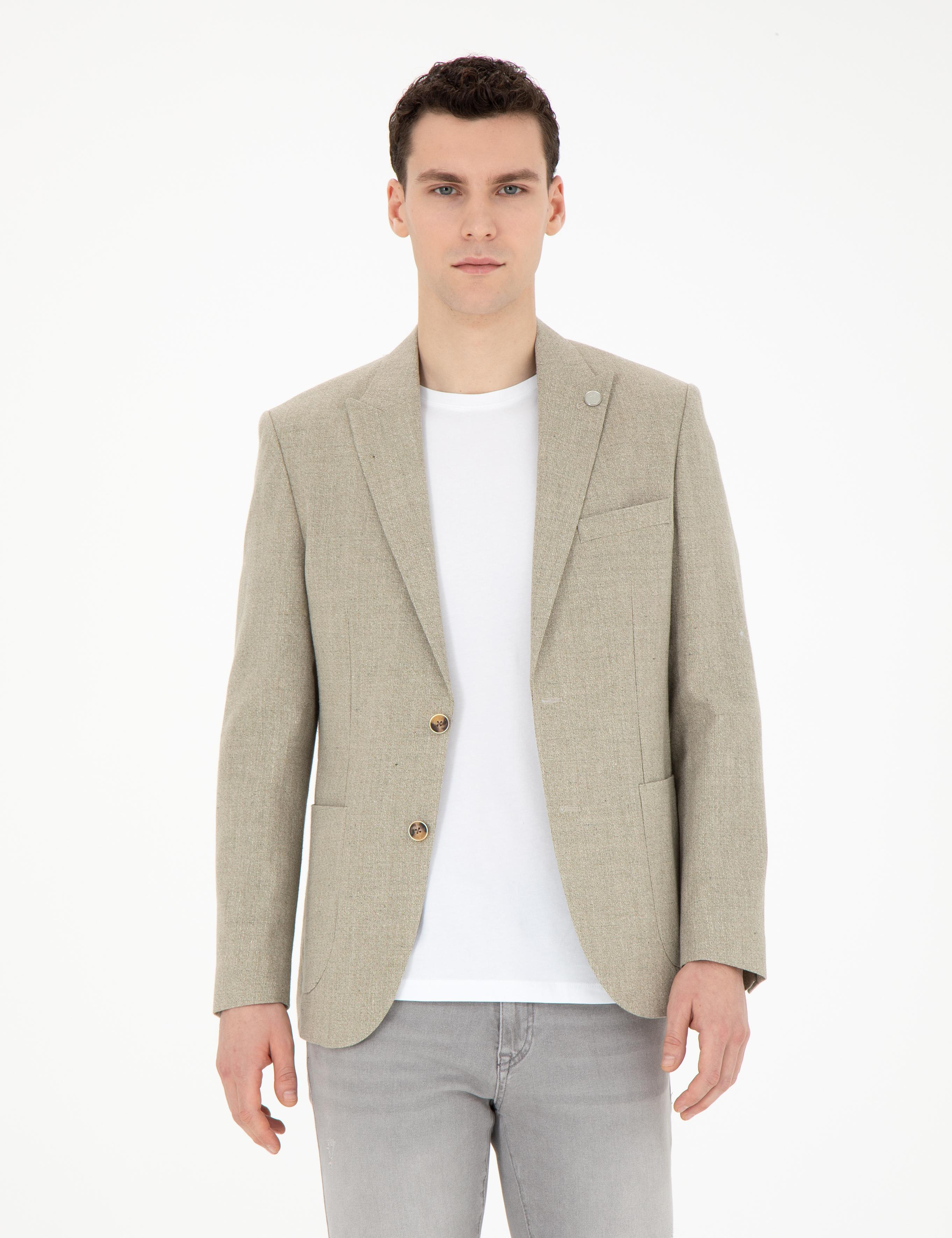 Açık Yeşil Slim Fit Keten Karışımlı Ceket