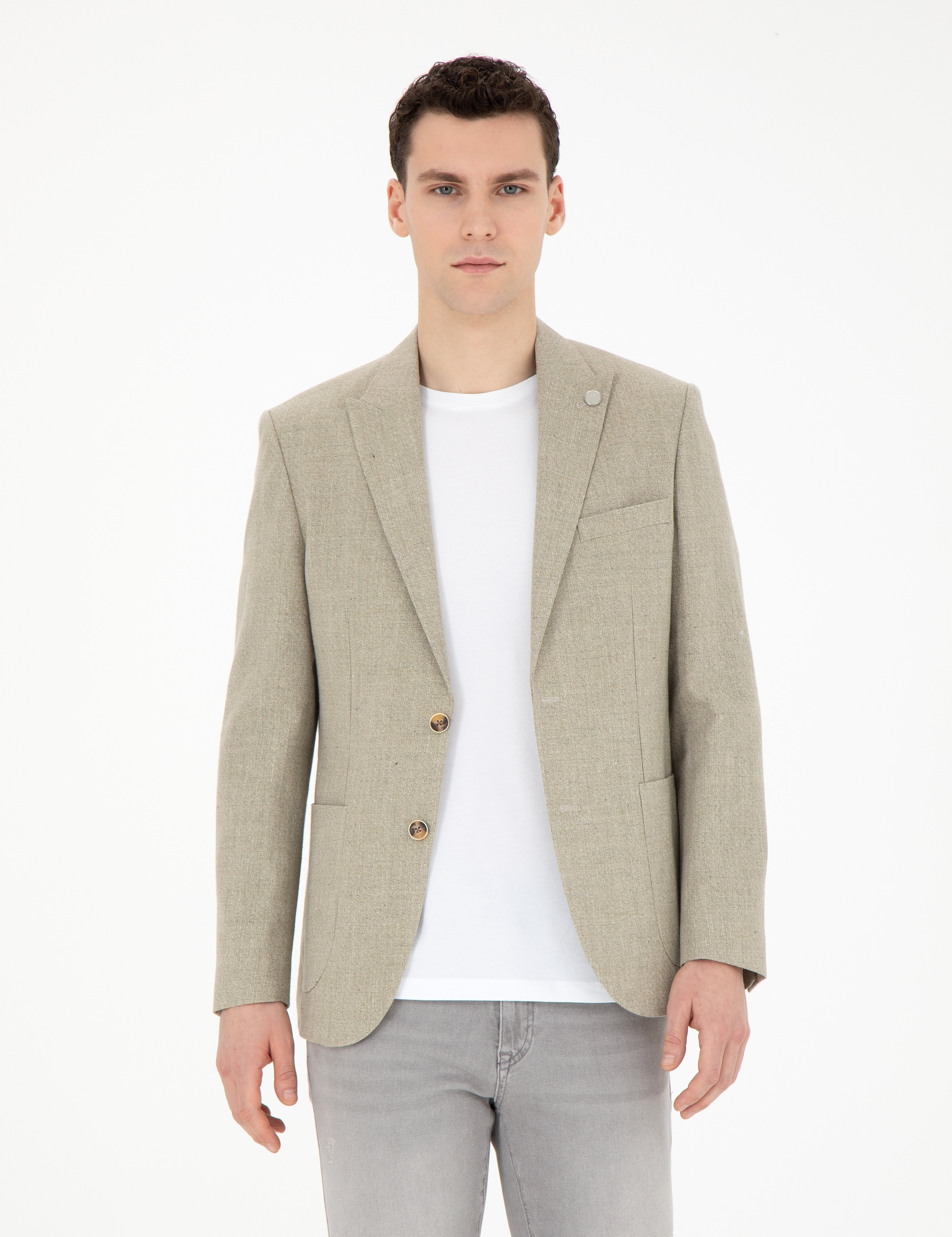Açık Yeşil Slim Fit Keten Karışımlı Ceket - Image 1