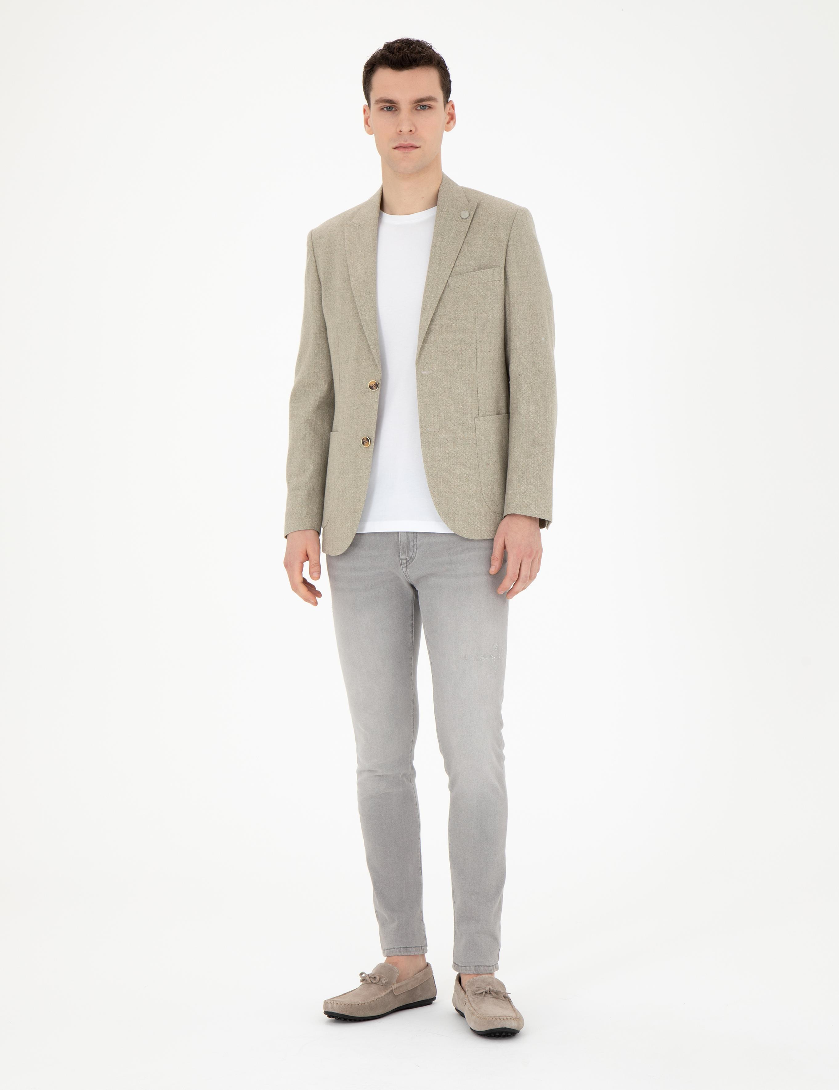 Açık Yeşil Slim Fit Keten Karışımlı Ceket