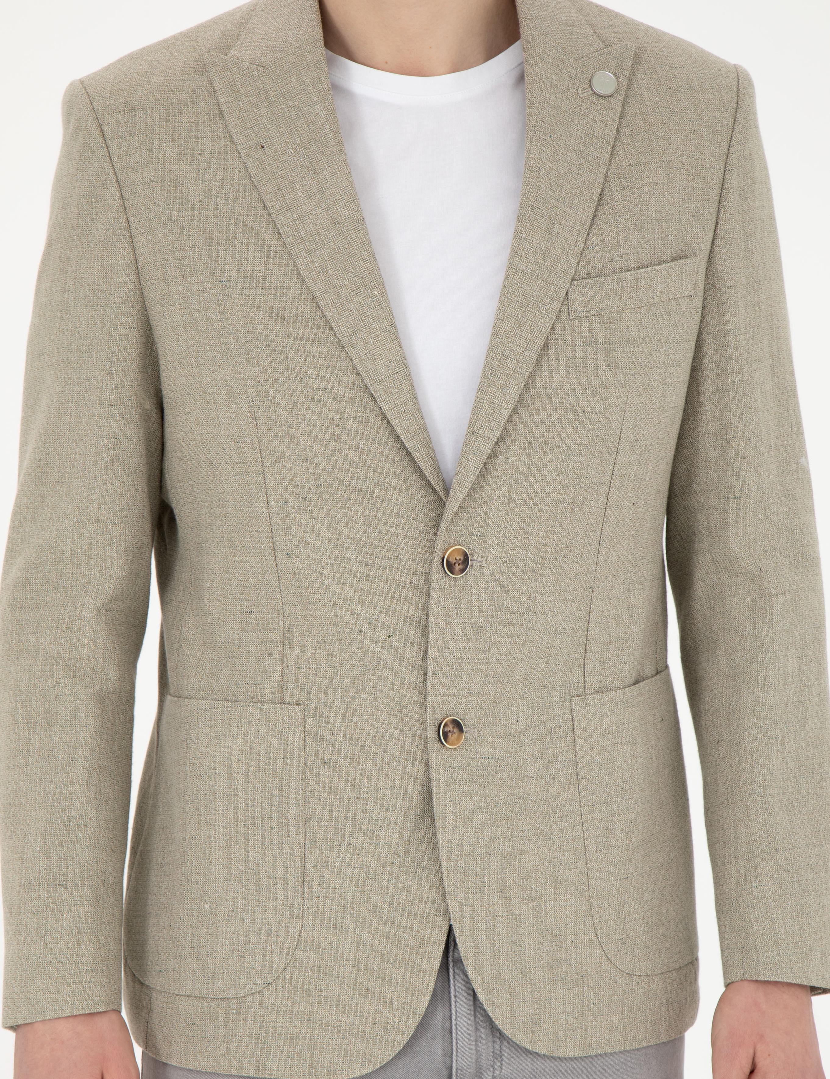 Açık Yeşil Slim Fit Keten Karışımlı Ceket