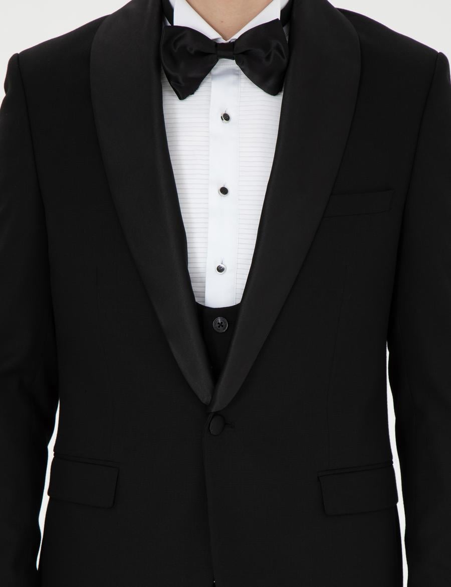 Siyah Ex. Slim Fit Yelekli Smokin