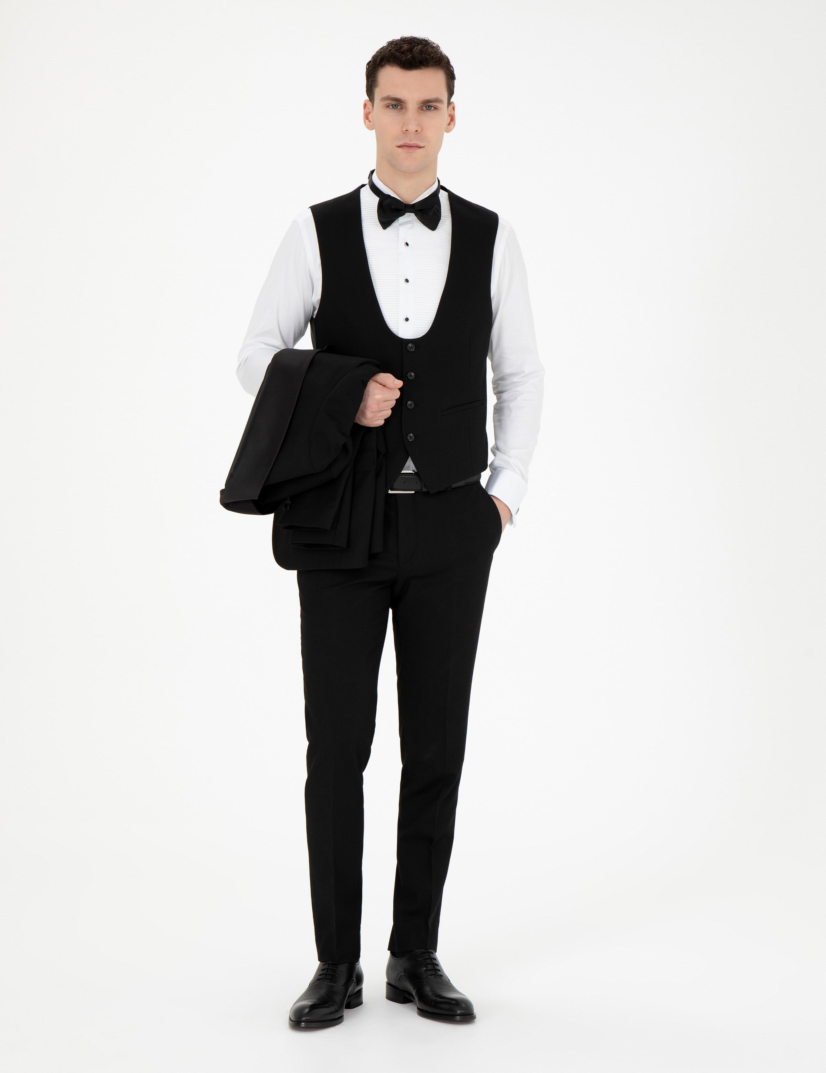 Siyah Ex. Slim Fit Yelekli Smokin