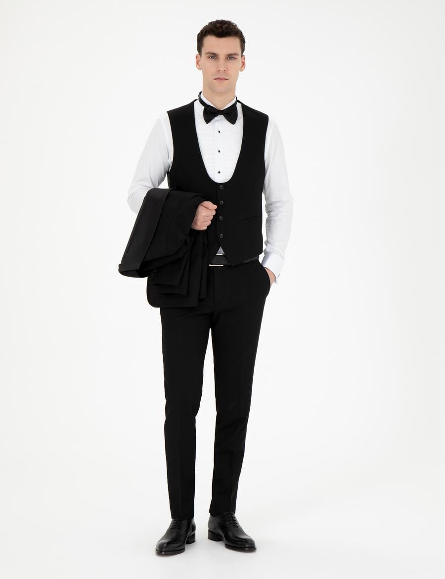 Siyah Ex. Slim Fit Yelekli Smokin