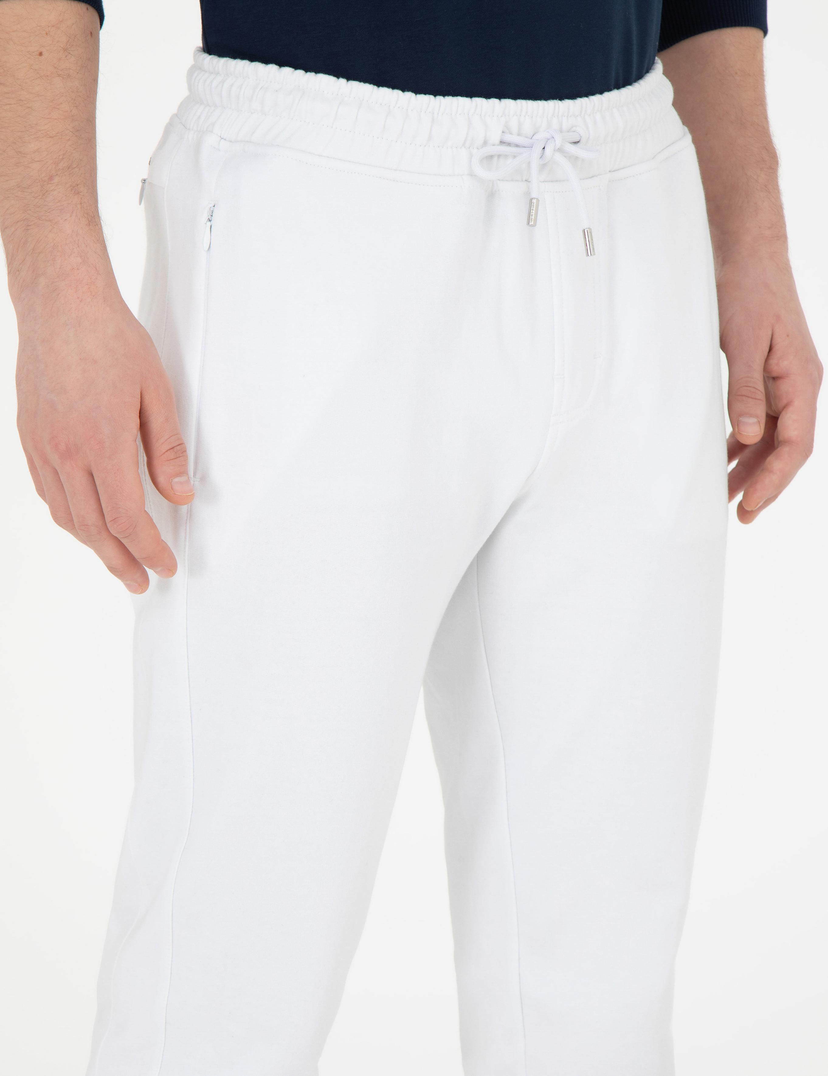 Beyaz Şardonlu 2 İplik  Fermuarlı Cep %100 Pamuk Eşofman Altı