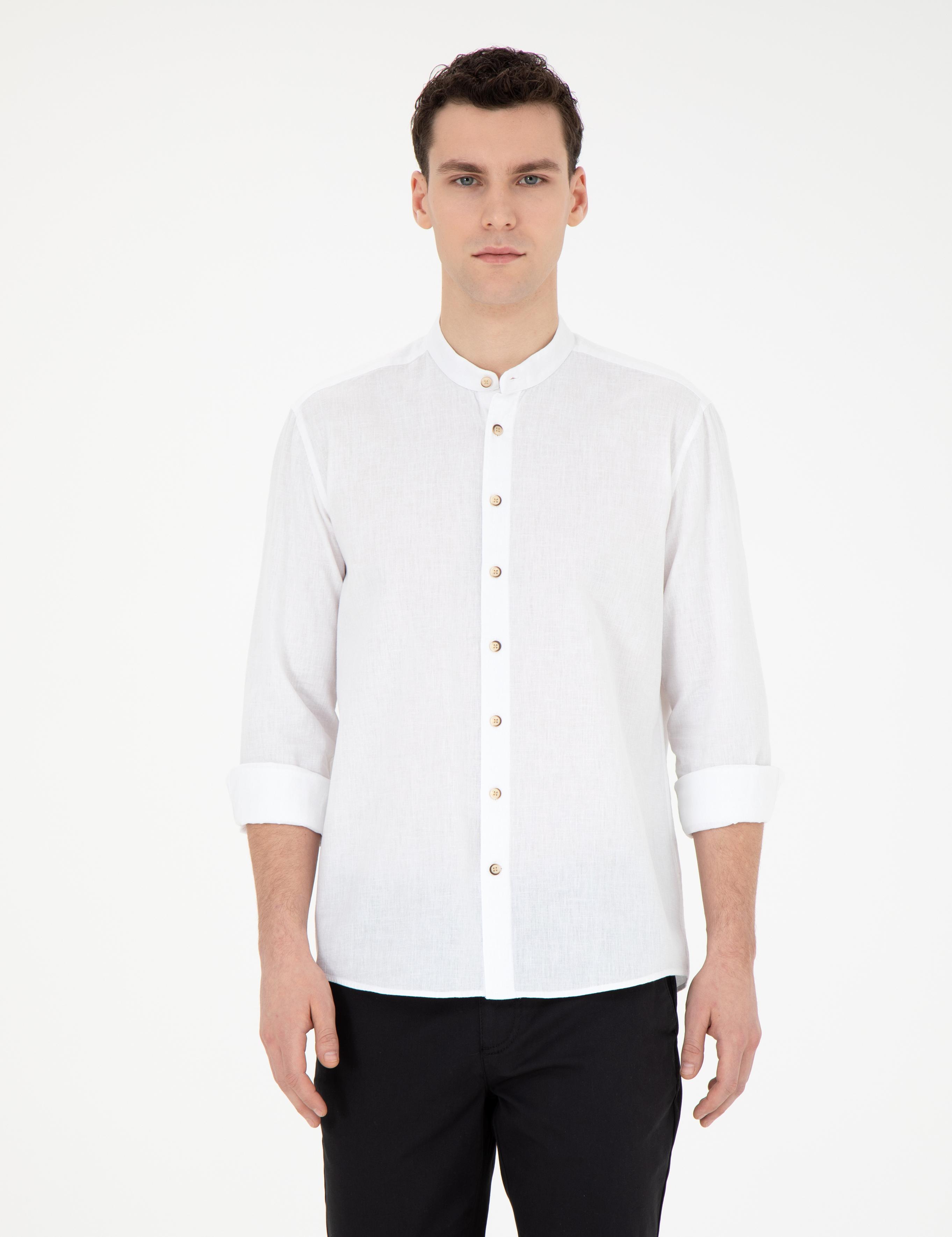 Beyaz Keten Karışımlı Regular Fit Uzun Kollu Gömlek