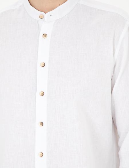 Beyaz Keten Karışımlı Regular Fit Uzun Kollu Gömlek - 50288526008