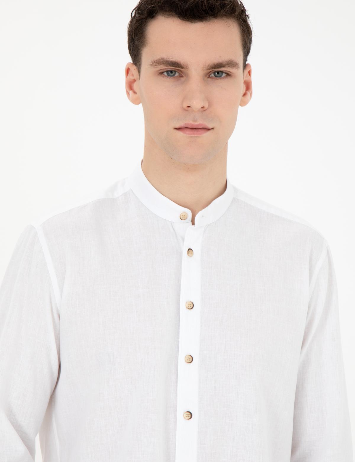Beyaz Keten Karışımlı Regular Fit Uzun Kollu Gömlek - 50288526008