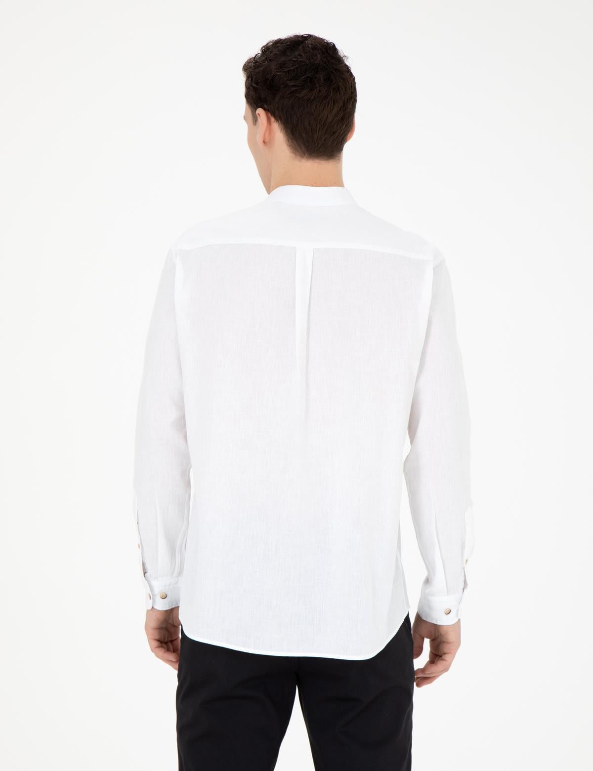 Beyaz Keten Karışımlı Regular Fit Uzun Kollu Gömlek - 50288526008