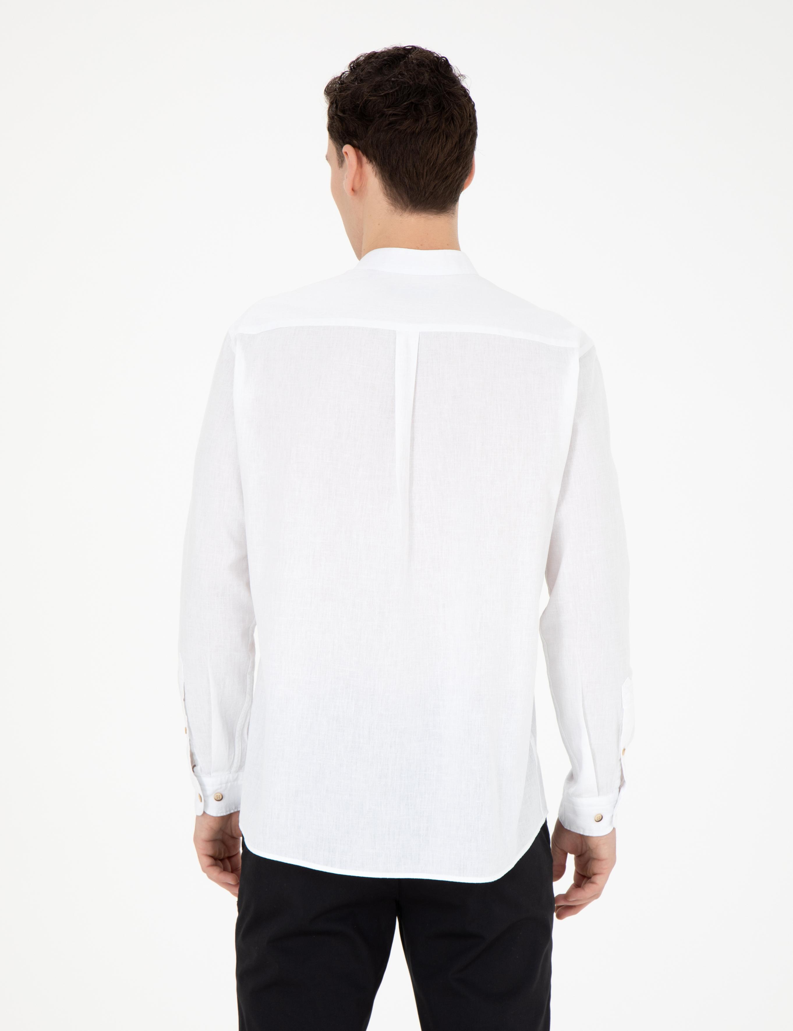 Beyaz Keten Karışımlı Regular Fit Uzun Kollu Gömlek