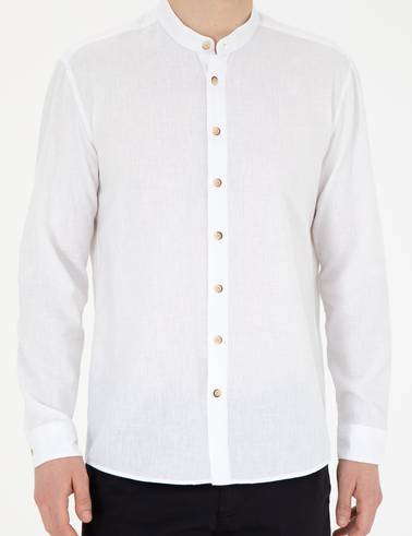 Beyaz Keten Karışımlı Regular Fit Uzun Kollu Gömlek