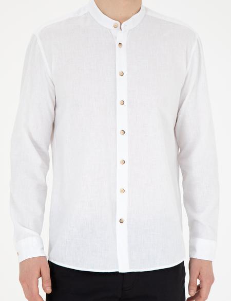 Beyaz Keten Karışımlı Regular Fit Uzun Kollu Gömlek - 50288526008