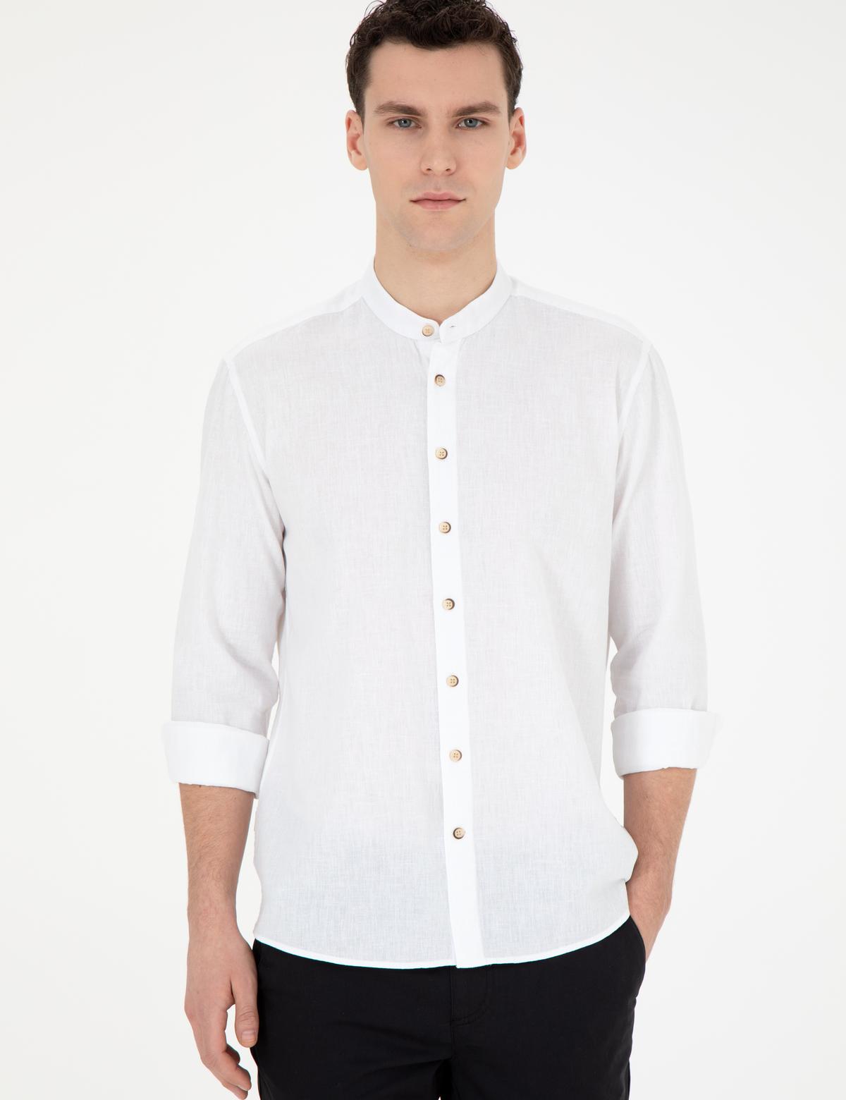 Beyaz Keten Karışımlı Regular Fit Uzun Kollu Gömlek