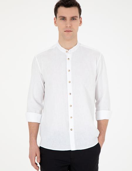 Beyaz Keten Karışımlı Regular Fit Uzun Kollu Gömlek - 50288526008