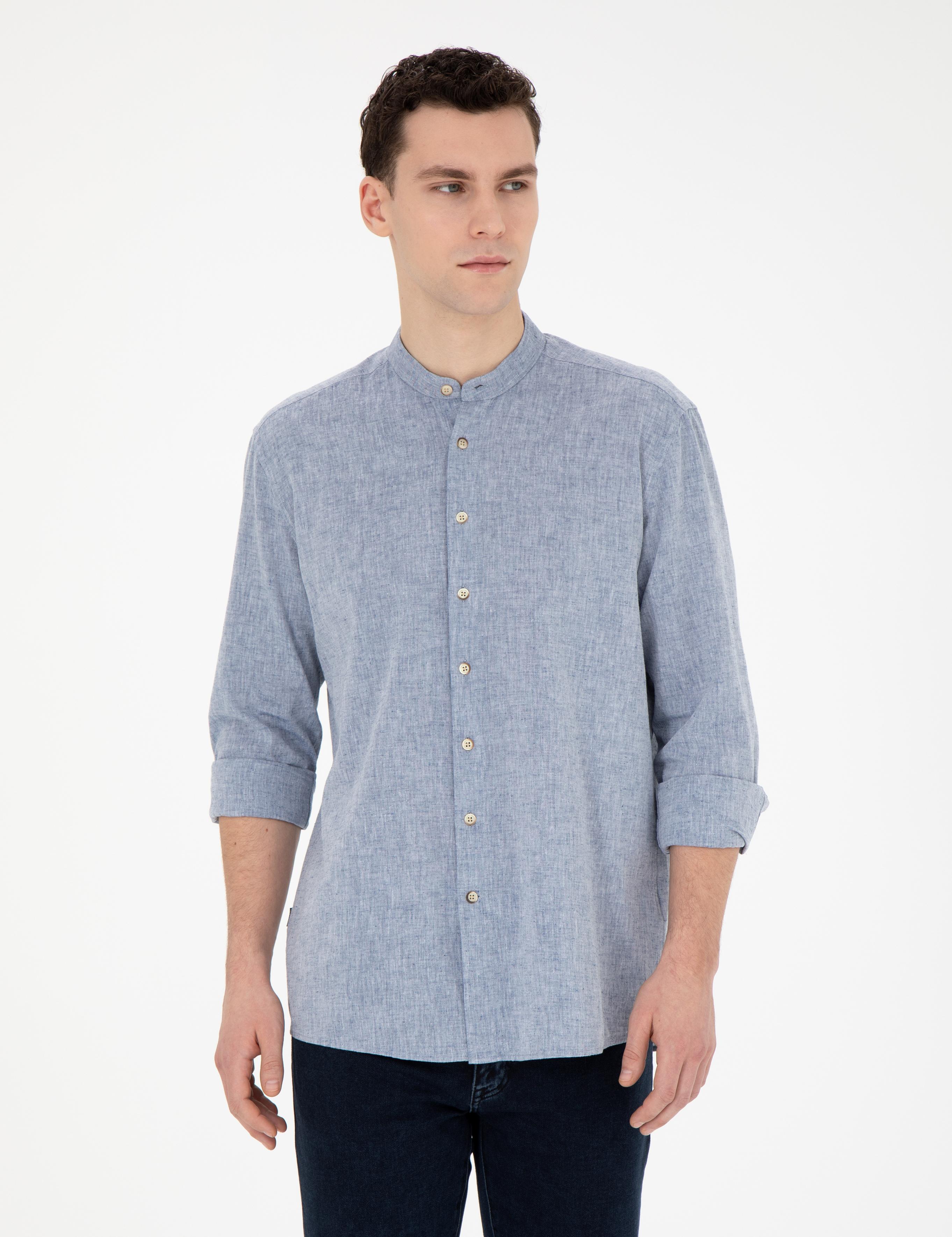 Lacivert Keten Karışımlı Regular Fit Uzun Kollu Gömlek