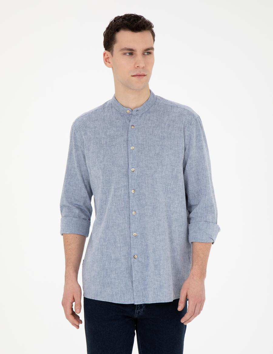 Lacivert Keten Karışımlı Regular Fit Uzun Kollu Gömlek