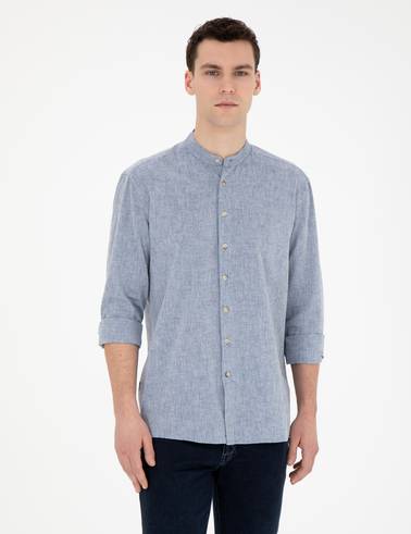 Lacivert Keten Karışımlı Regular Fit Uzun Kollu Gömlek