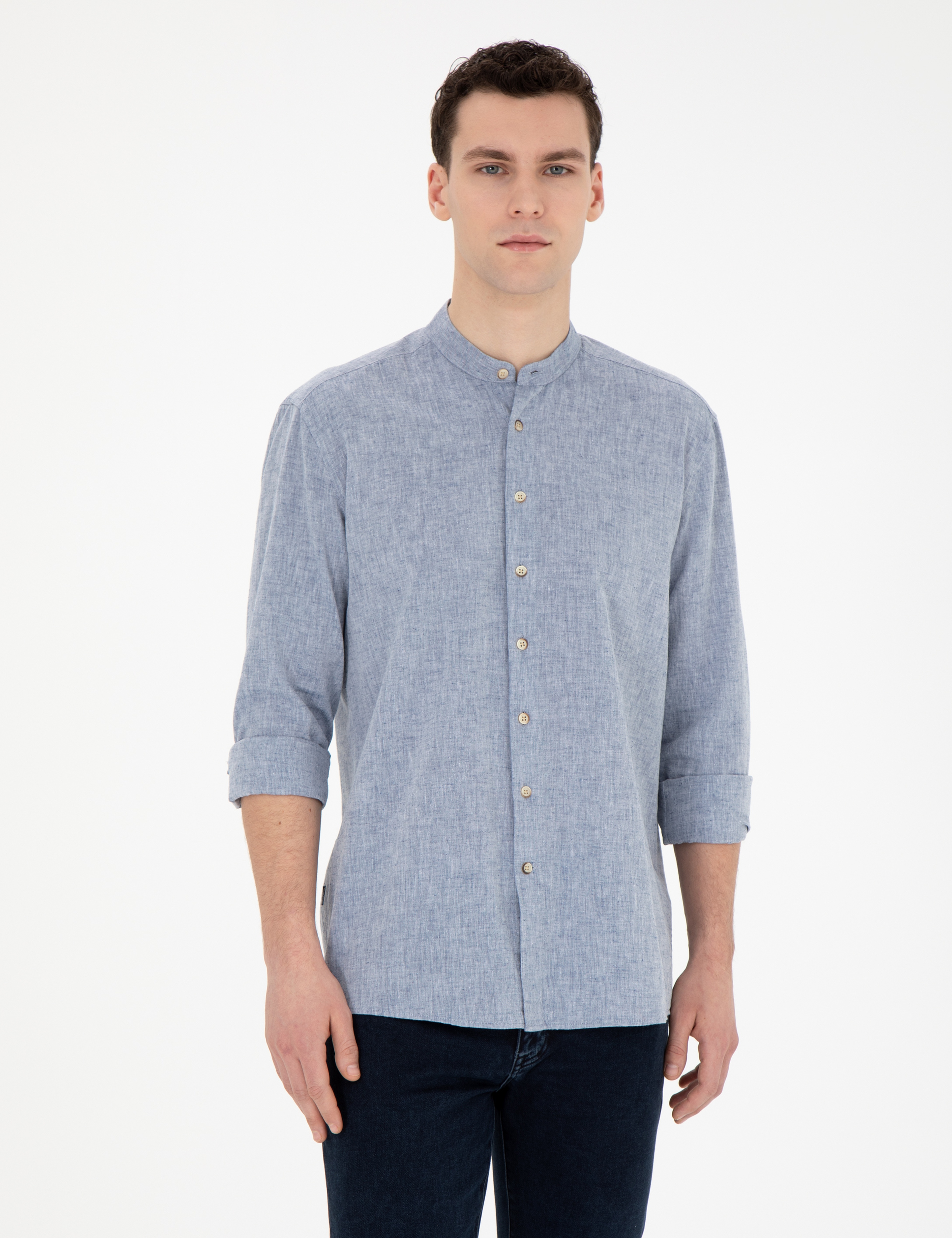Lacivert Keten Karışımlı Regular Fit Uzun Kollu Gömlek - Image 3