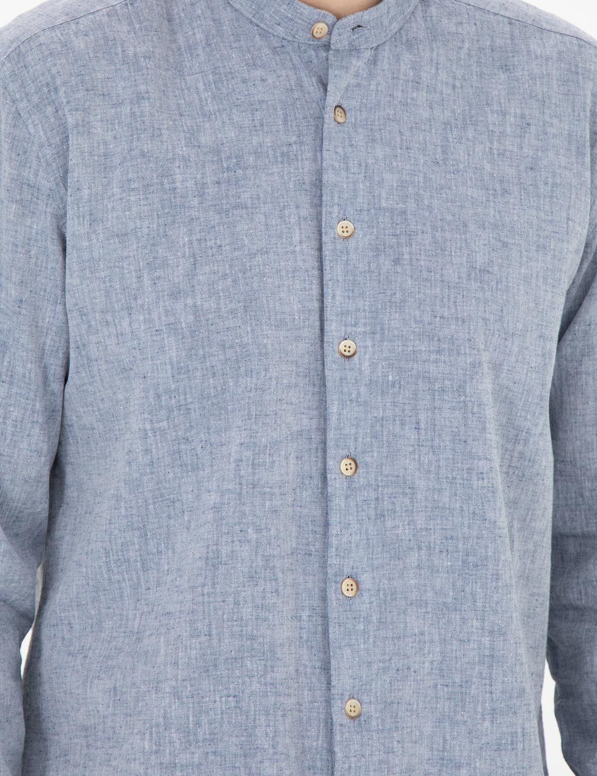 Lacivert Keten Karışımlı Regular Fit Uzun Kollu Gömlek - 50288526015