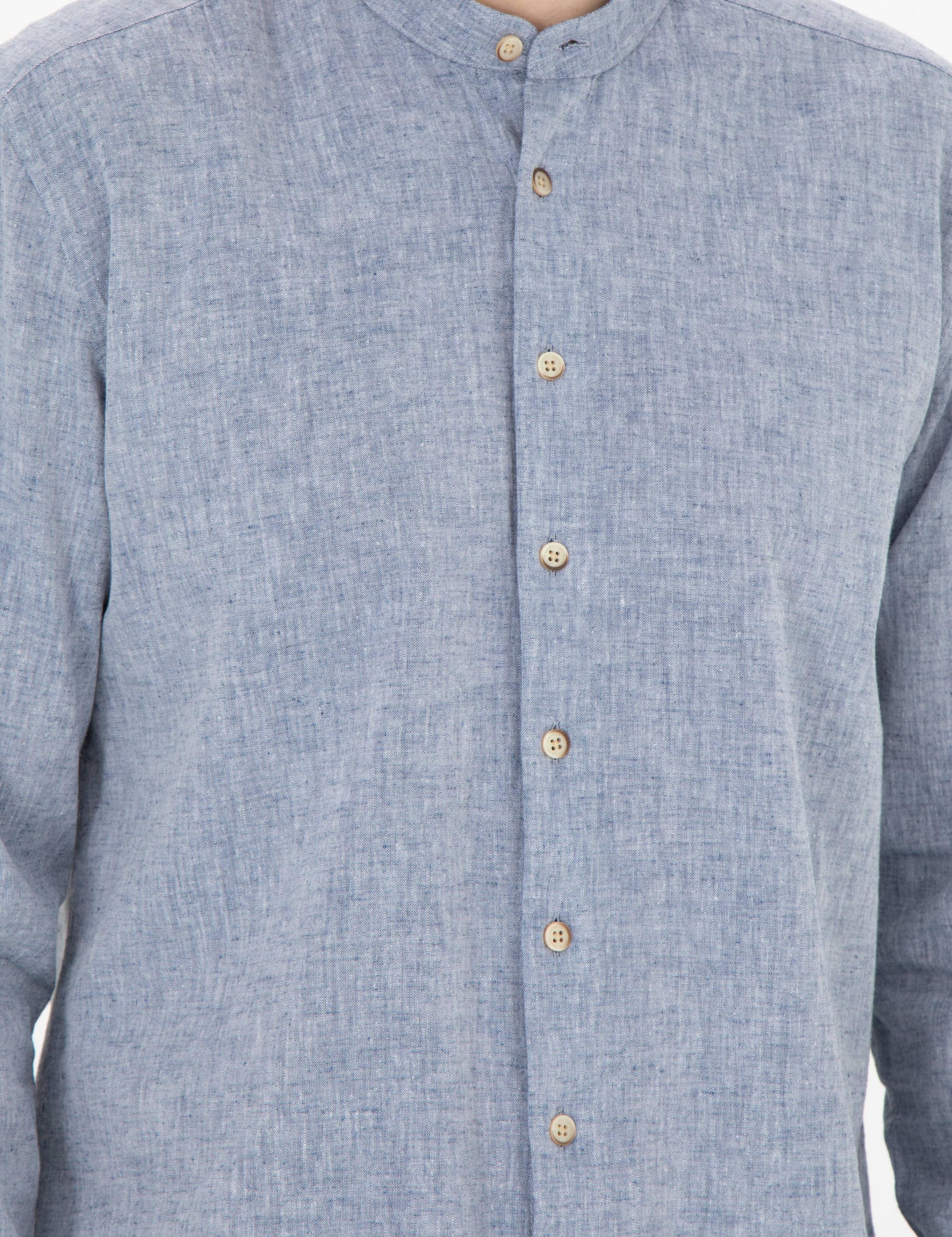 Lacivert Keten Karışımlı Regular Fit Uzun Kollu Gömlek