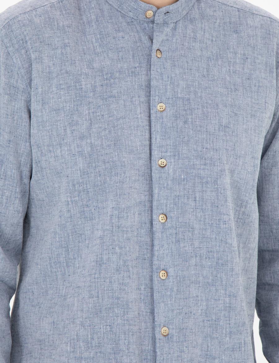 Lacivert Keten Karışımlı Regular Fit Uzun Kollu Gömlek