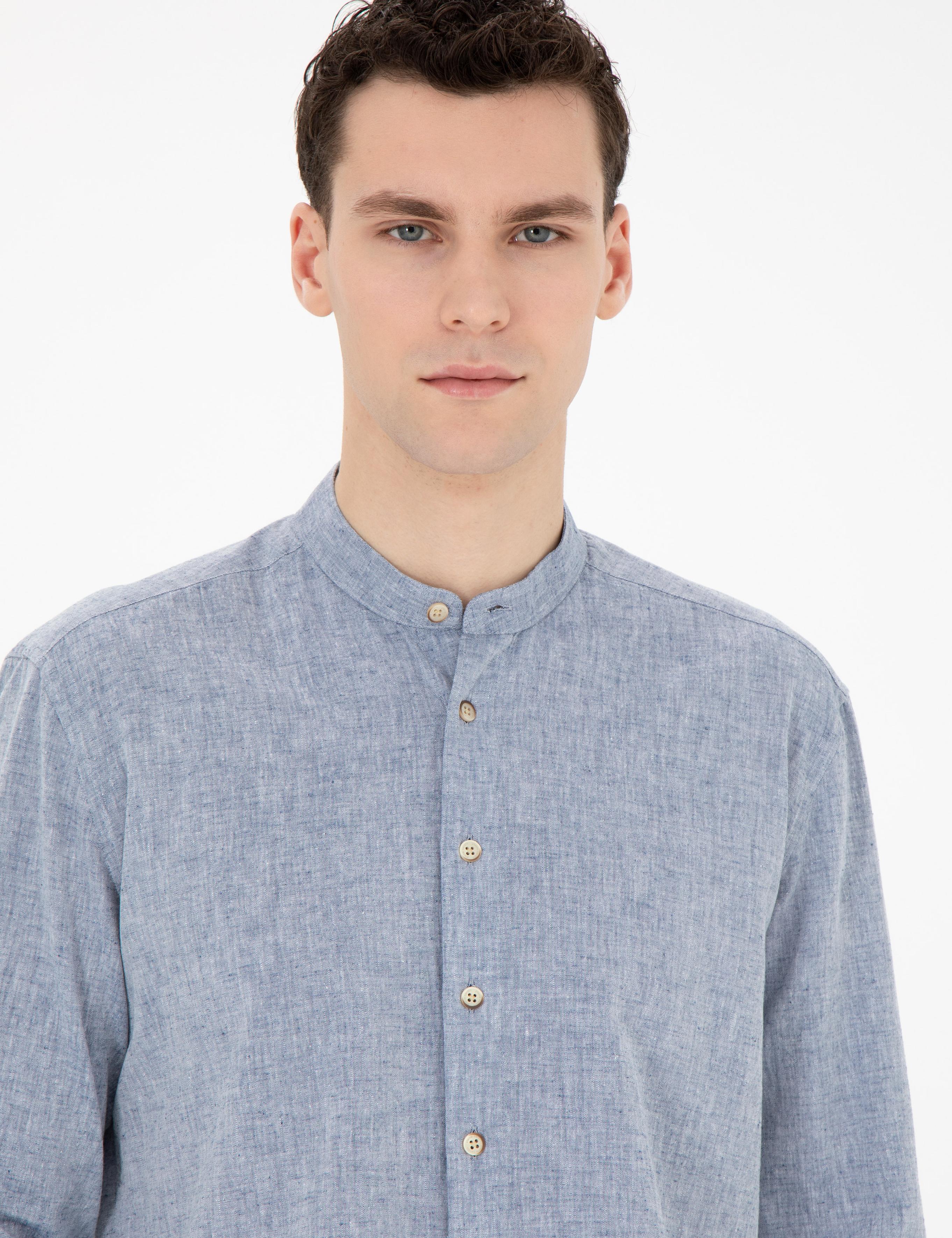Lacivert Keten Karışımlı Regular Fit Uzun Kollu Gömlek