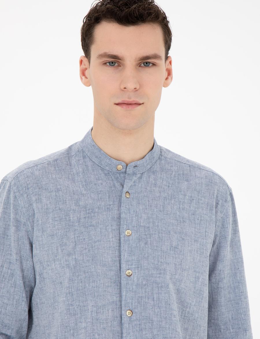 Lacivert Keten Karışımlı Regular Fit Uzun Kollu Gömlek