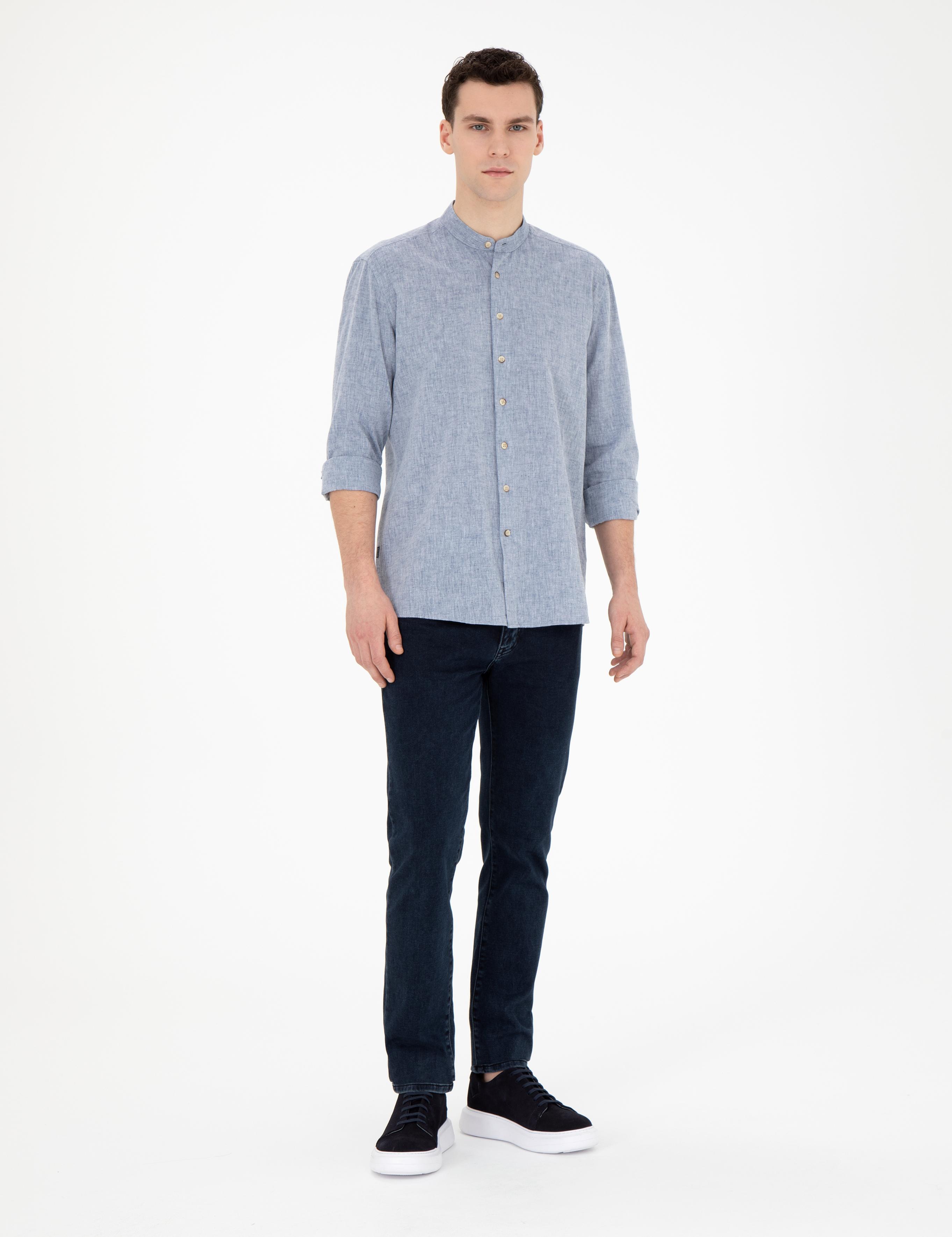 Lacivert Keten Karışımlı Regular Fit Uzun Kollu Gömlek