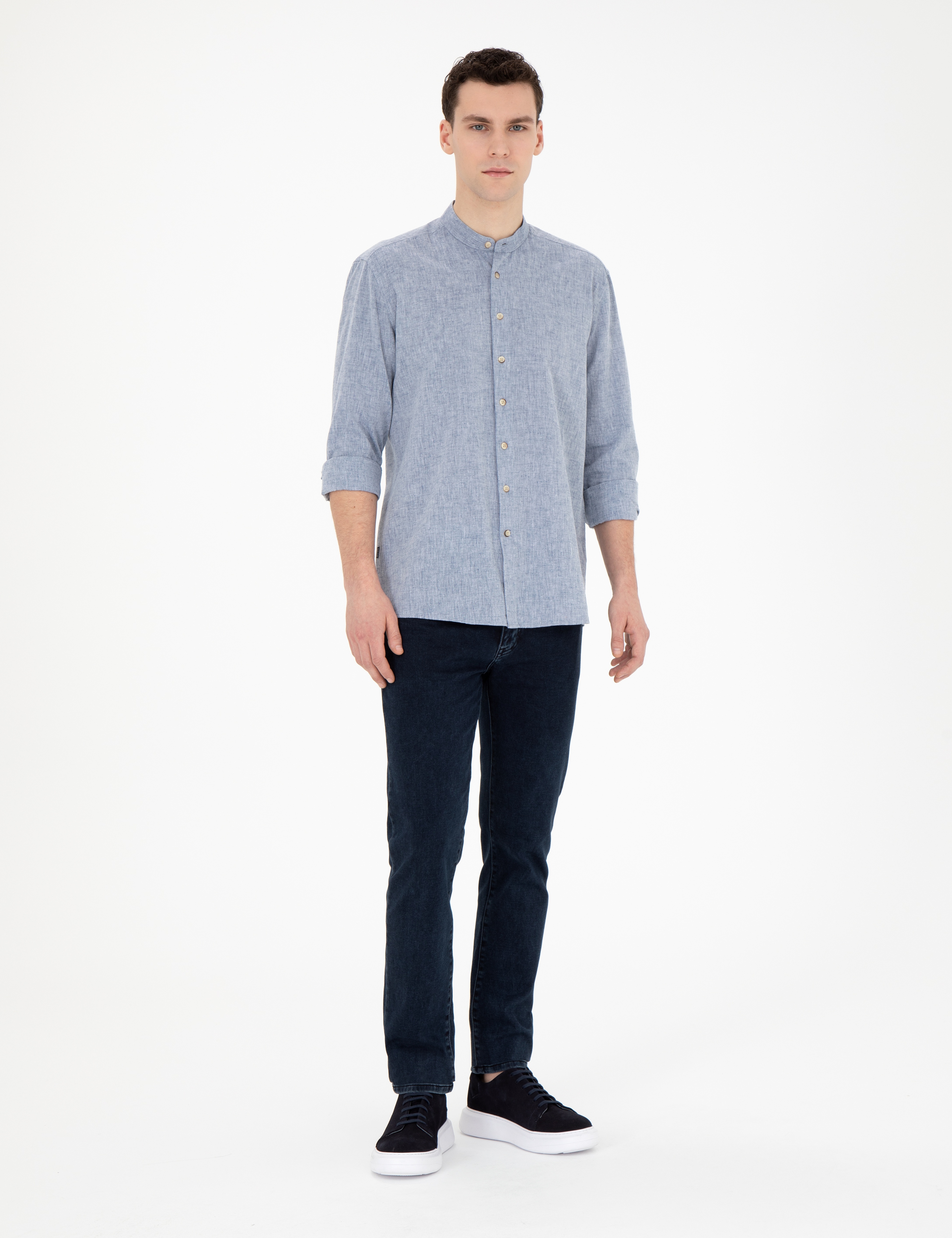 Lacivert Keten Karışımlı Regular Fit Uzun Kollu Gömlek - Image 4