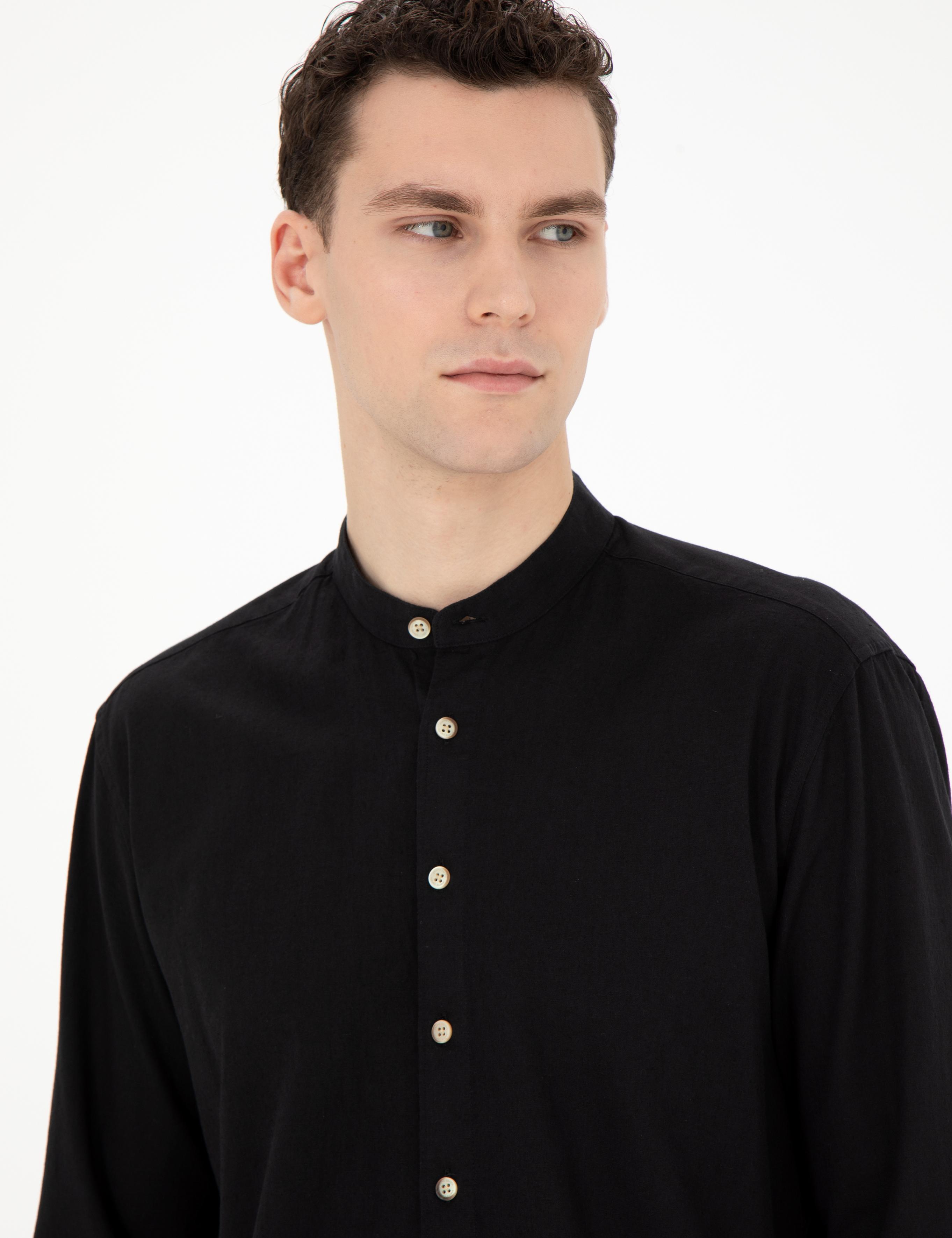 Siyah Keten Karışımlı Regular Fit Uzun Kollu Gömlek