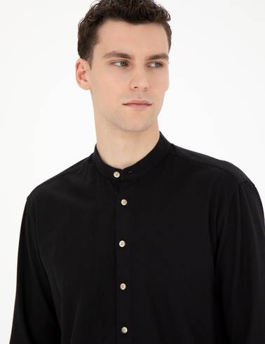 Siyah Keten Karışımlı Regular Fit Uzun Kollu Gömlek