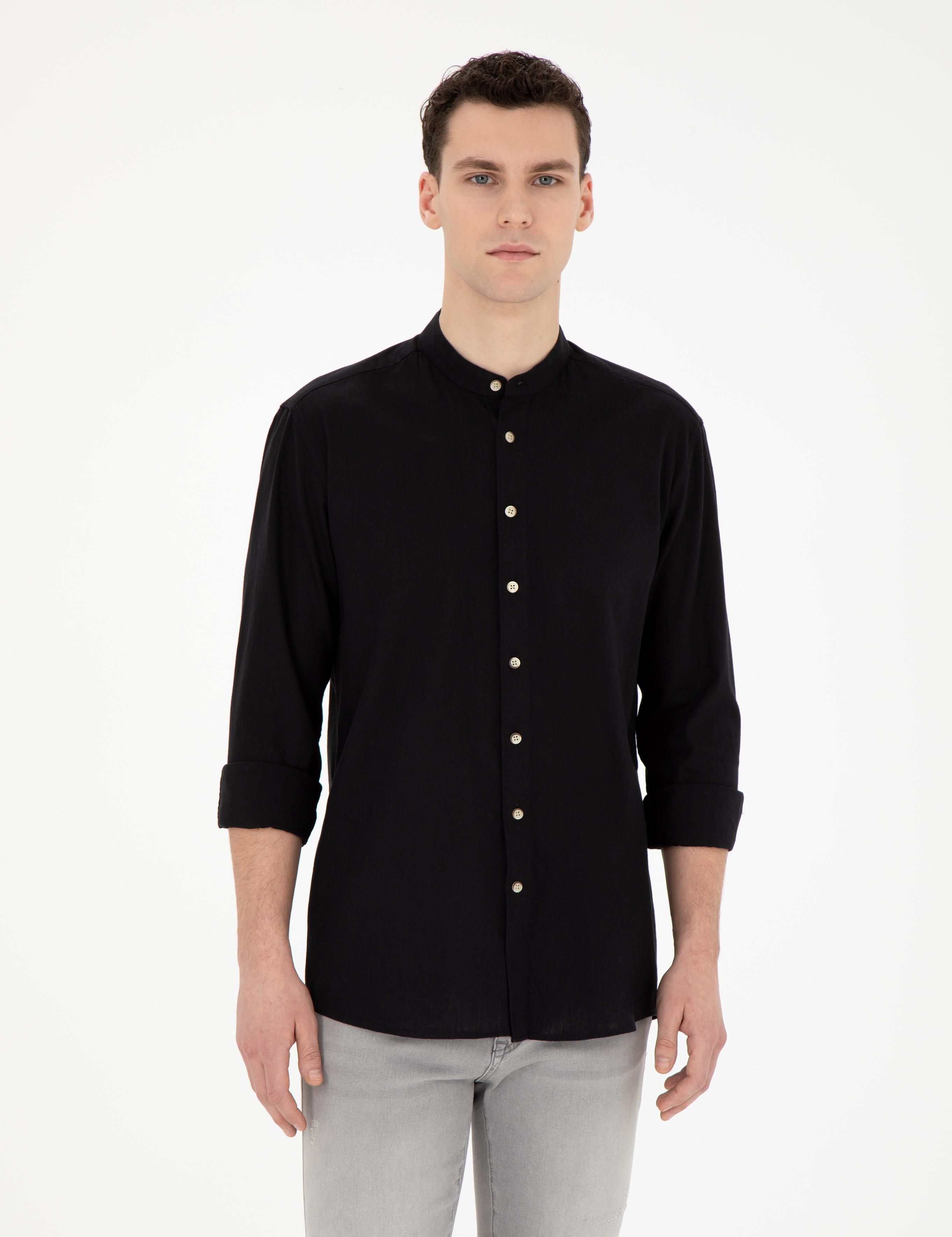 Siyah Keten Karışımlı Regular Fit Uzun Kollu Gömlek