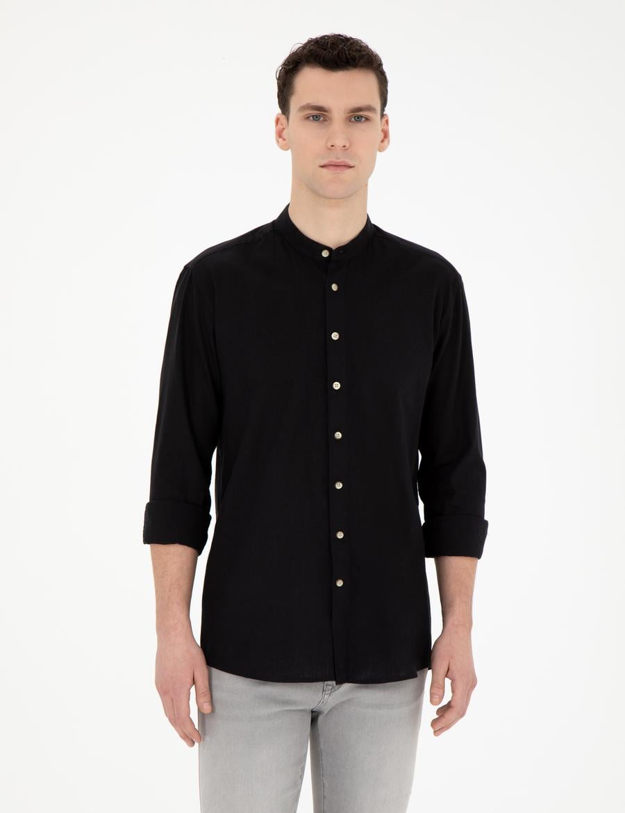 Siyah Keten Karışımlı Regular Fit Uzun Kollu Gömlek