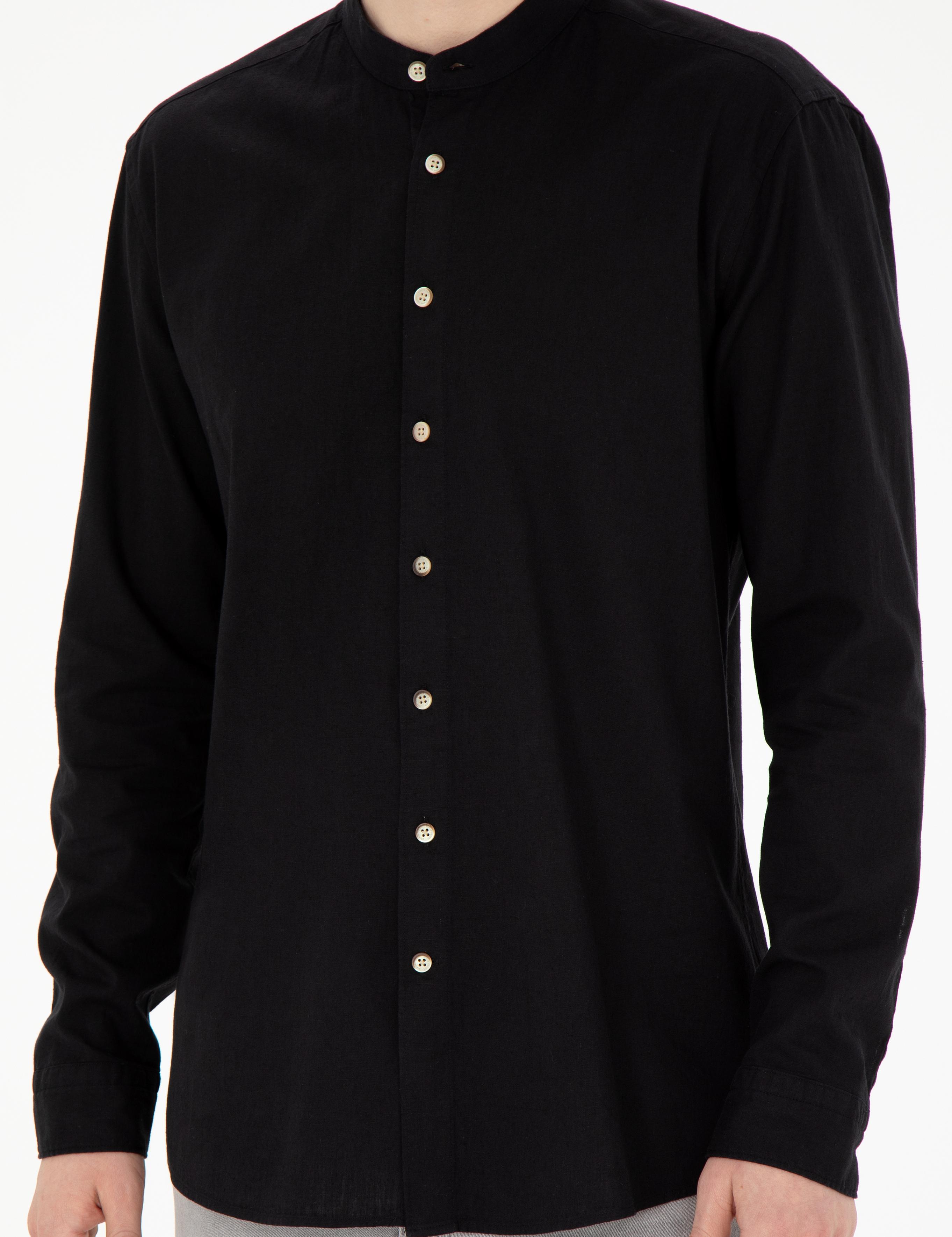 Siyah Keten Karışımlı Regular Fit Uzun Kollu Gömlek