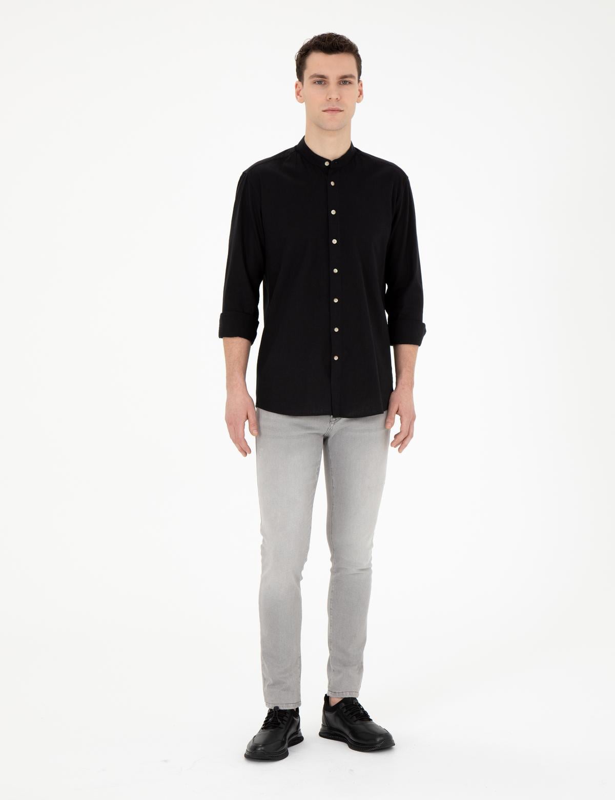 Siyah Keten Karışımlı Regular Fit Uzun Kollu Gömlek - 50288526020