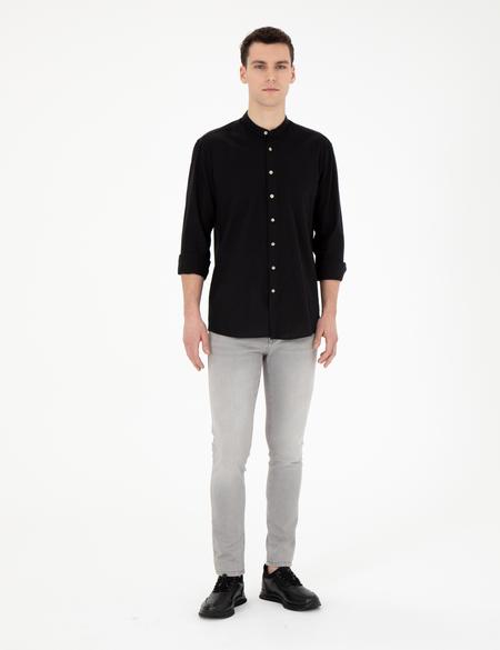 Siyah Keten Karışımlı Regular Fit Uzun Kollu Gömlek - 50288526020