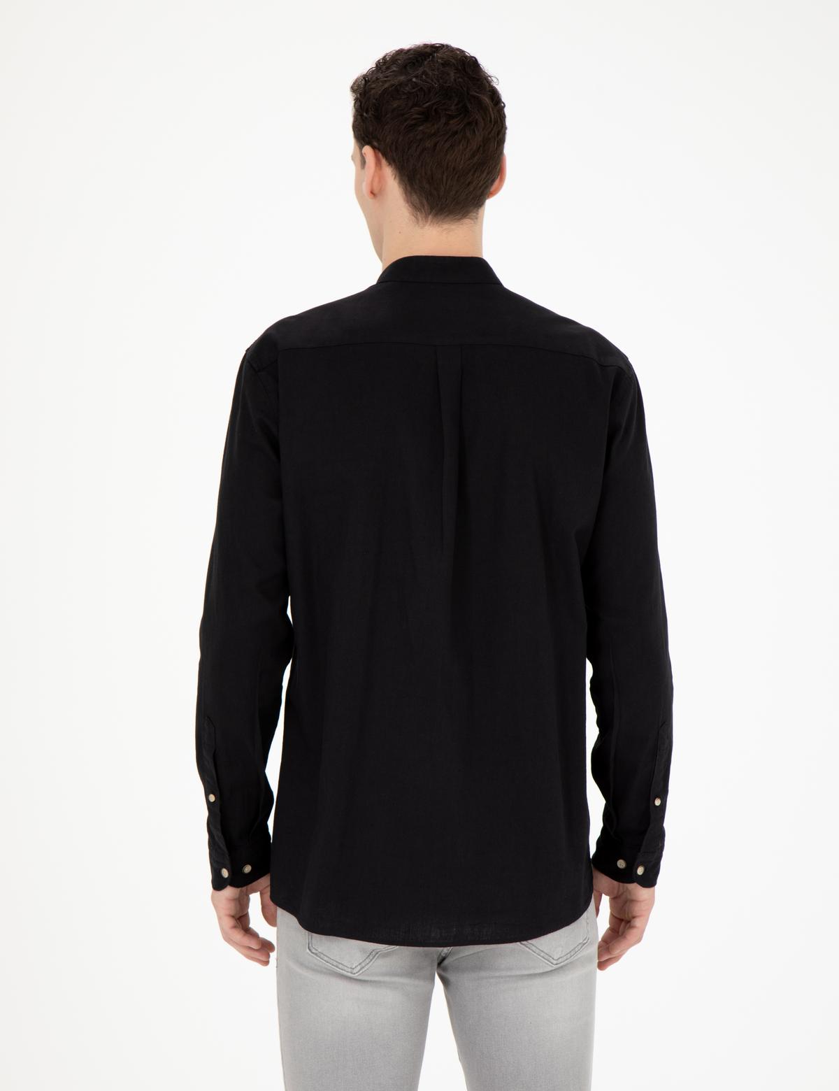 Siyah Keten Karışımlı Regular Fit Uzun Kollu Gömlek - 50288526020