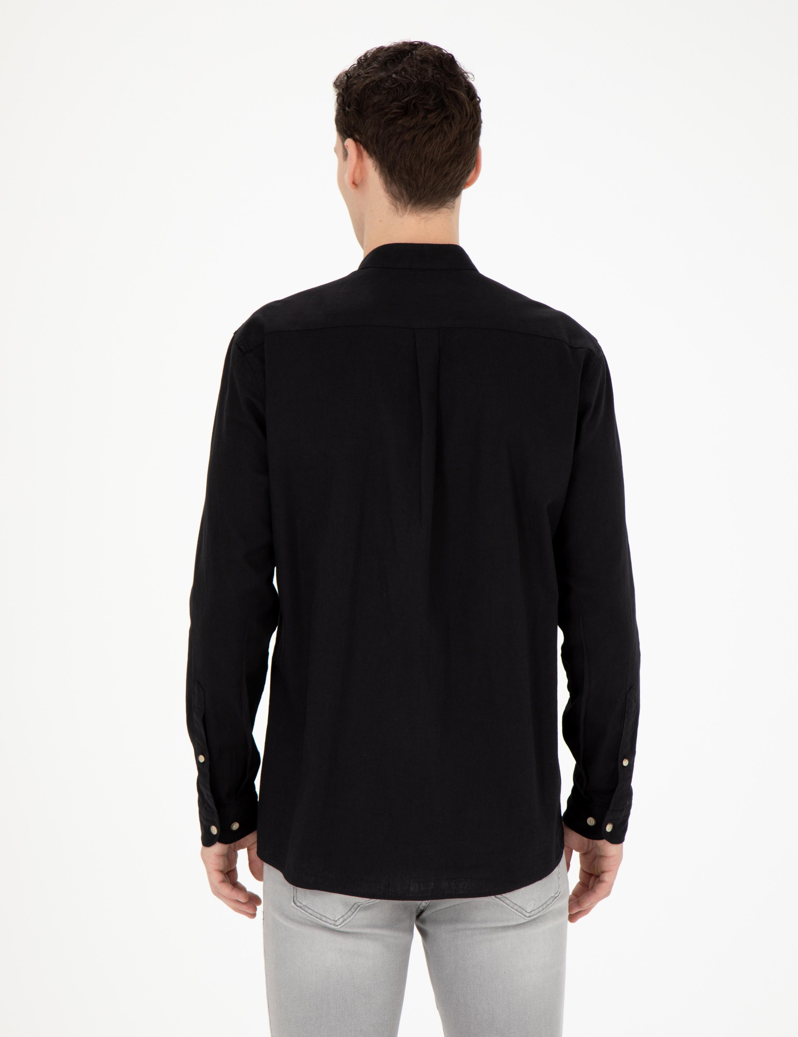 Siyah Keten Karışımlı Regular Fit Uzun Kollu Gömlek