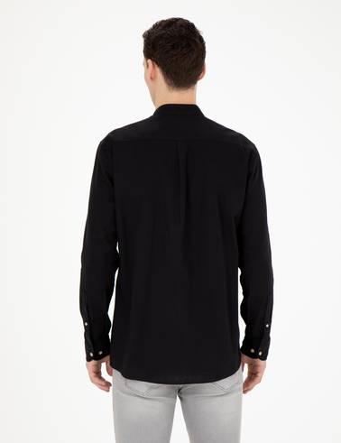 Siyah Keten Karışımlı Regular Fit Uzun Kollu Gömlek