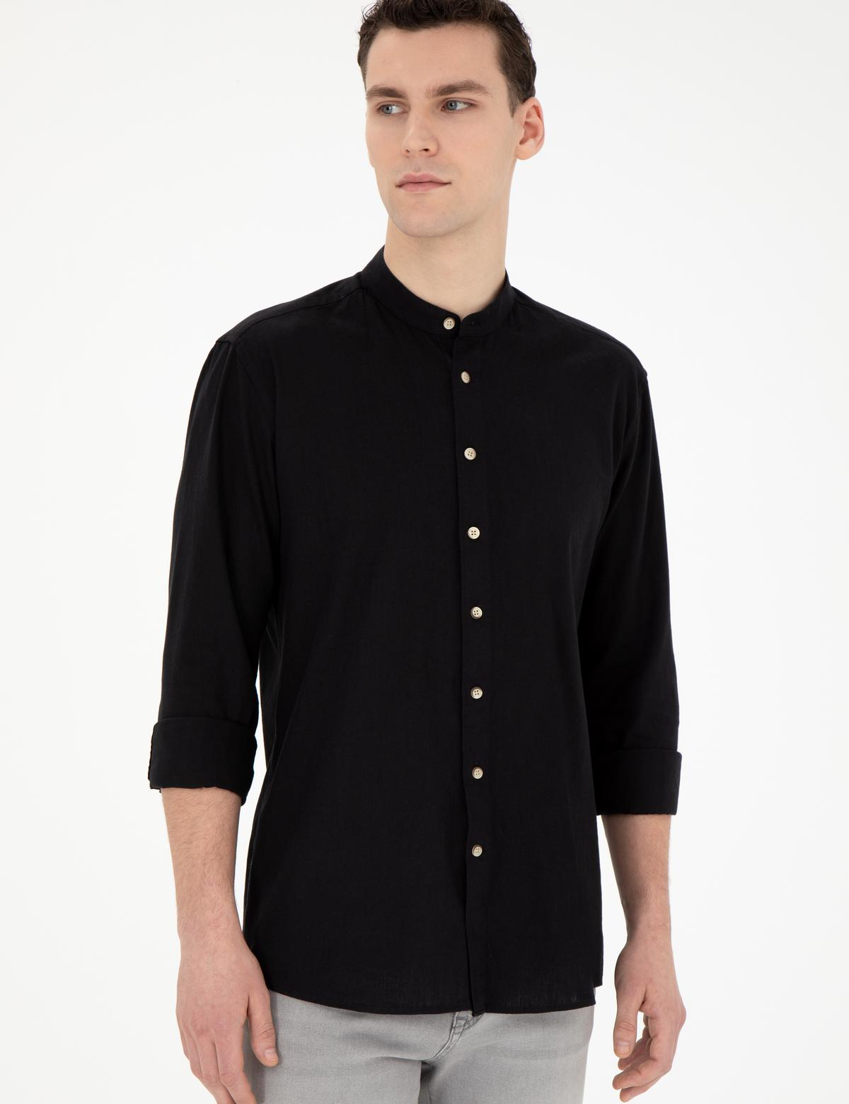 Siyah Keten Karışımlı Regular Fit Uzun Kollu Gömlek - 50288526020