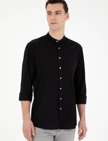 Siyah Keten Karışımlı Regular Fit Uzun Kollu Gömlek
