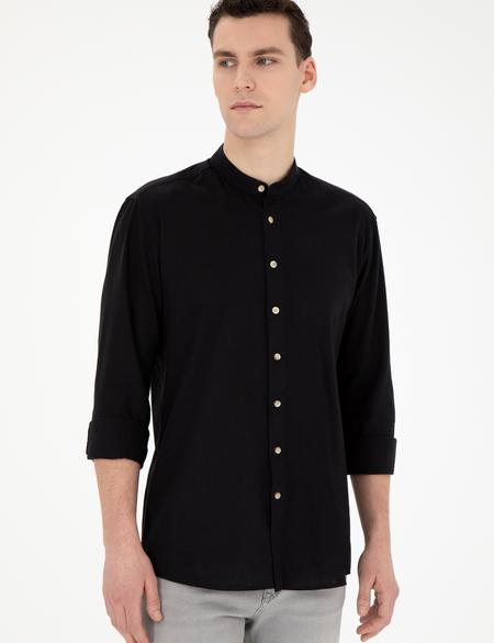 Siyah Keten Karışımlı Regular Fit Uzun Kollu Gömlek - 50288526020