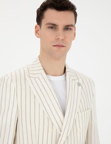 Ekru Slim Fit Çizgili Keten Kruvaze Ceket - 50284938002